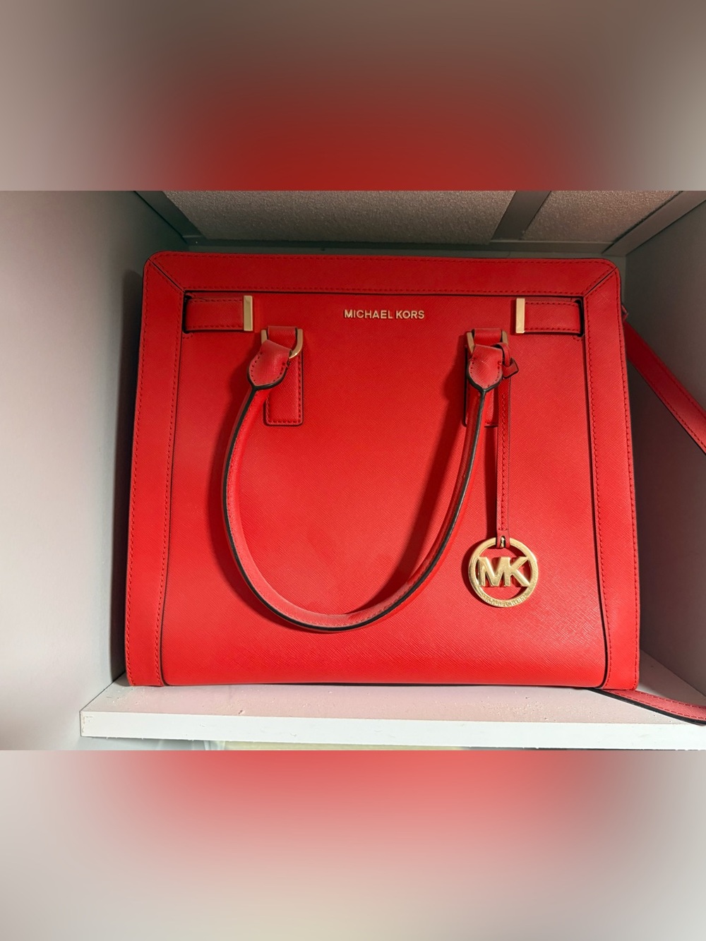 Michael Kors Red Saffiano Satchel with Gold MK Charm